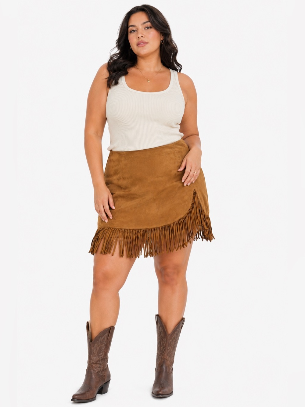 90s/Y2K Vintage Buffalo Suede Fringe Mini Skirt (Tan/Brown) Size XL